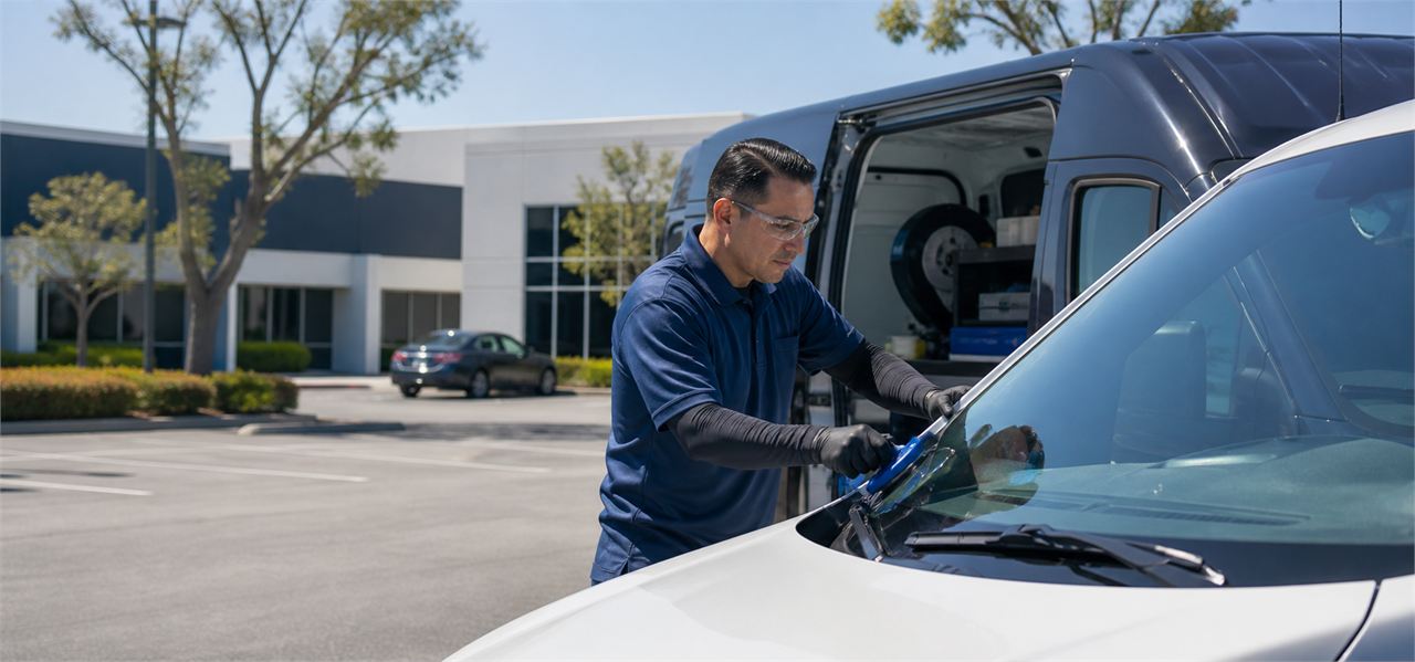 Mobile automotive-glass service vehicles prepared for fleet work